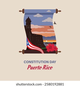 VECTORS. Editable banner for the Constitution Day in Puerto Rico (July 25) and other patriotic holidays. Flag, Old San Juan, San Felipe del Morro Castle, national flower