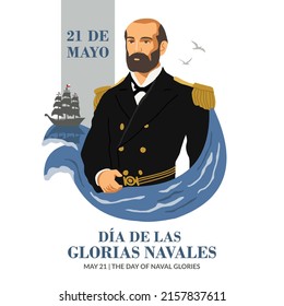 VECTORS. Editable banner for The Day of Naval Glories in Chile, also known as Battle of Iquique Day. May 21, 1879, Captain Arturo Prat, hero, national holiday