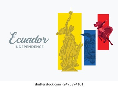 VECTORES. Anuncio editable por el Día de la Independencia de Ecuador. Monumento, Escudo de armas, bandera, patriótico