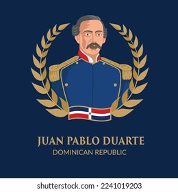 VECTORS. Editable banner of Juan Pablo Duarte, one of the founding fathers of Dominican Republic. January 26, Duarte Day, folk hero, public holiday, formal, gold details