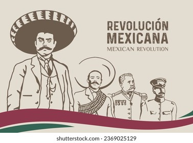 VECTORES. Pancarta editable para la Revolución Mexicana, conmemorada anualmente el 20 de noviembre. Incluye a algunos de los protagonistas de la revolución: Emiliano Zapata, Felipe Angeles, Francisco (Pancho) Villa, Porf