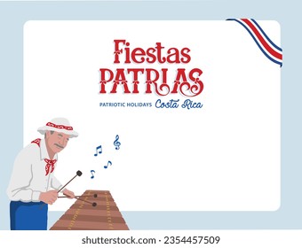 VECTORS. Editable banner for the Patriotic Holidays in Costa Rica, Independence Day, September. Costa Rican man playing the marimba (musical instrument), playing folkloric music