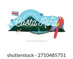 VECTORS. Editable banner perfect for Costa Rica’s Independence Day (September 15) and patriotic holidays. National symbols, nature, Arenal volcano, white-tailed deer, landscape