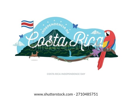 VECTORS. Editable banner perfect for Costa Rica’s Independence Day (September 15) and patriotic holidays. National symbols, nature, Arenal volcano, white-tailed deer, landscape