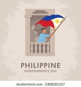 VECTORS. Editable banner for the Philippine Independence Day, June 12. General Emilio Aguinaldo waving the Philippine flag from balcony