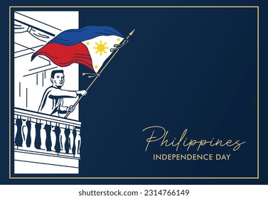 VECTORS. Editable banner for the Philippines Independence Day, June 12. General Emilio Aguinaldo waving the Philippine flag from balcony	