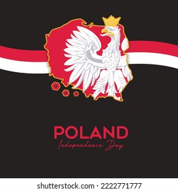 VECTORES. Pancarta editable para el Día de la Independencia de Polonia y eventos patrióticos. Mapa, símbolos nacionales, flor nacional, escudo de armas, detalles de oro