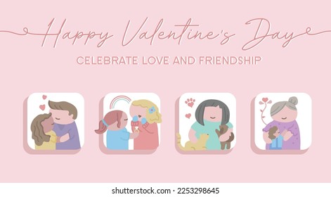 VECTORS. Editable banner for Valentine's day depicting different scenes of love and friendship. Cute, romantic, inclusive, queer couple, pets