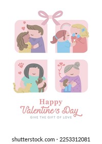 VECTORS. Editable banner for Valentine's day depicting different scenes of love and friendship. Gift, cute, romantic, inclusive, queer couple, pets, family