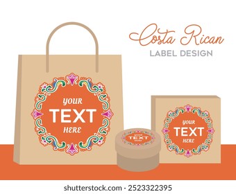 VECTORS. Editable label design, Costa Rican style. Logo, brand, oxcart ornaments, traditional painting, packaging design