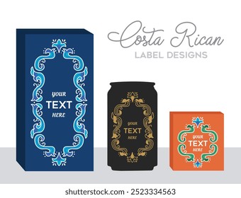 VECTORS. Editable labels design, Costa Rican style, rectangular shape. Logo, brand, oxcart ornaments, traditional painting, packaging design, border