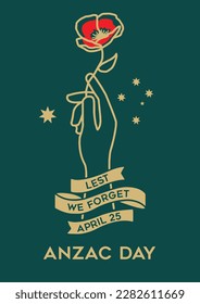 VECTORS. Editable poster for Anzac Day in Australia and New Zealand. April 25, Lest we forget phrase on ribbon