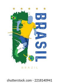 VECTORES. Afiche editable para la selección de fútbol de Brasil, jugador de fútbol, uniforme, bandera