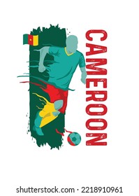 VECTORS. Editable poster for the Cameroon football team, soccer player, uniform, flag