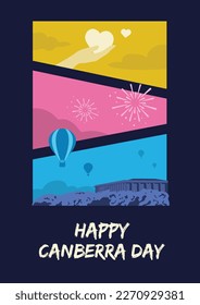 VECTORS. Editable poster for the Canberra Day in Australia. Balloon festival, giving day, charity, fireworks, light show, traditions svg