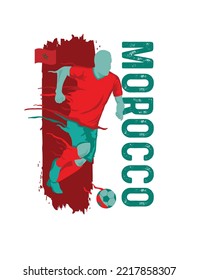 VECTORES. Afiche editable para la selección de fútbol de Marruecos, jugador de fútbol, uniforme, bandera