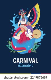 VECTORS. Editable poster for the Parade or Carnival in Ecuador. February, celebration, traditional dress and clothing, foam, flowers, flag