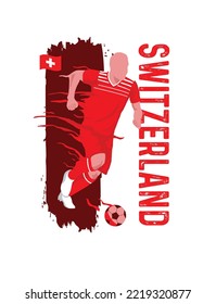 VEKTOREN. Bearbeitbares Poster für die Fußballmannschaft der Schweiz, Fußballspieler, Uniform, Flagge