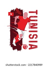 VECTORS. Editable poster for the Tunisia football team, soccer player, uniform, flag