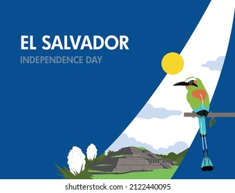 VECTORES. Día de la Independencia de El Salvador, pancarta patriótica, festividades cívicas, pájaro torogoz, símbolos nacionales, Tazumal, Maya, naturaleza, bandera, turismo, viajes