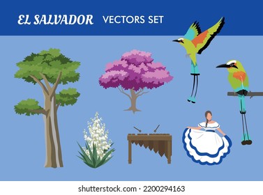 VECTORES. Símbolos de El Salvador. Ideal para el día de la independencia, eventos culturales y patrióticos. Gráficos aislados.