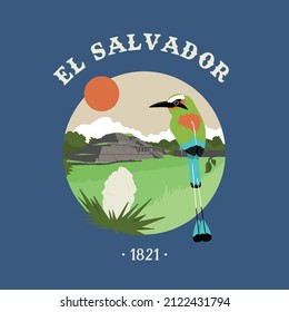 VECTORS. El Salvador, torogoz bird, turquoise-browed motmot, nature, fauna, national symbols, national flower, patriotic, travel, tourism