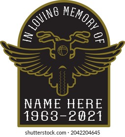 VECTORS. Fallen Biker Memorial patch, badge, in loving memory, motorcyclist, motorhead, RIP, wings, golden, angel