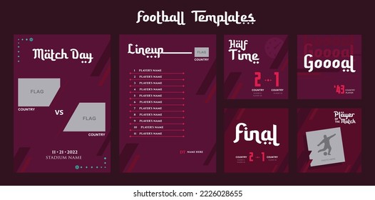 VECTORES. Plantillas de fútbol para medios sociales e impresión, mundial, partido de fútbol, marcador, fondo, portatexto, rojo oscuro