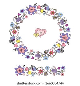 Vectors frame, delicate flowers and hearts