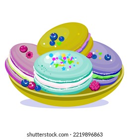 Vectors of French baking. Multicolored sweet dessert macaroon on a white background.