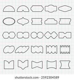 Vectors. Grid with 24 unique label shapes. Various label shapes include rounded, pointed, and wavy designs. Perfect for label design, label creation, and graphic projects. Black shapes, vector set.