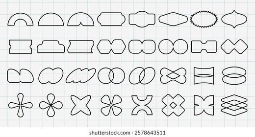 Vectors. Grid with 36 unique geometric shapes. Geometric shapes in various styles. Shapes include curves, angles, and symmetry. Grid layout highlights each shape. Black shapes, vector set.