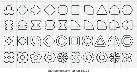 Vectors. Grid of geometric shapes, featuring circles, squares, triangles, and hexagons. Geometric shapes in various forms and sizes. Shapes on a grid background. Black shapes, vector set.