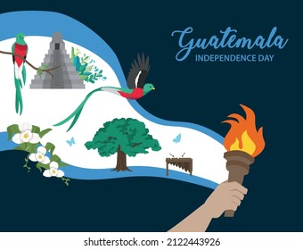 VEKTOREN. Guatemala Unabhängigkeitstag, 5. September, patriotischer, bürgerlicher Feiertag, Tradition, Folklore, Fackel, Monja blanca Blümblume, Quetzal, Ceiba Baum, Marimba, nationale Symbole