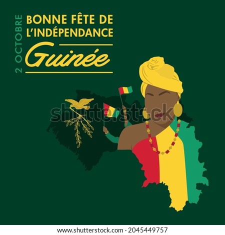 VECTORS. Guinée Indénpendance, Guinea Independence Day, October 2, Guinean woman, waving flag, celebrating, civic holiday, traditional dress, map, patriotic, French, coat of arms