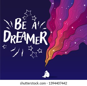 Vectors hand draw illustration of thinking silhouette of man with colorful cosmic imaginary fluid wave on blue background with motivation quotes be a dreamer