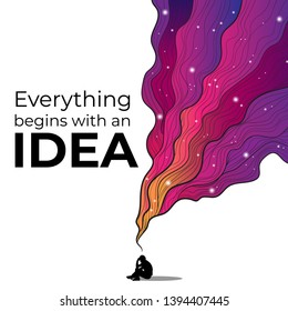 Vectors hand draw illustration of thinking silhouette of man with colorful cosmic imaginary fluid wave on white background with motivation quotes everything begins with an idea