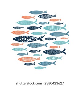 Vectors of hand-drawn fish in a circular arrangement