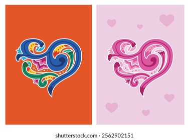 VECTORS. Heart shape in traditional Costa Rican painting style, Ox cart design style, 2 color schemes 