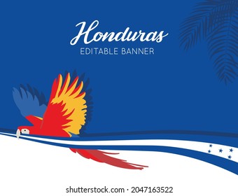 VECTORES. Pancarta de Honduras con bandera y un Scarlet macaw (ave nacional, símbolo nacional, Guara roja, Lapa Roja, Guacamaya), banner de viaje, turismo, feriados cívicos, vacaciones