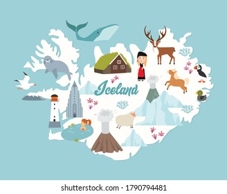 Vectors Iceland map poster. Animals and sights of Iceland. Reykjavik
