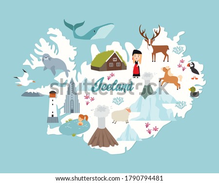 Vectors Iceland map poster. Animals and sights of Iceland. Reykjavik
