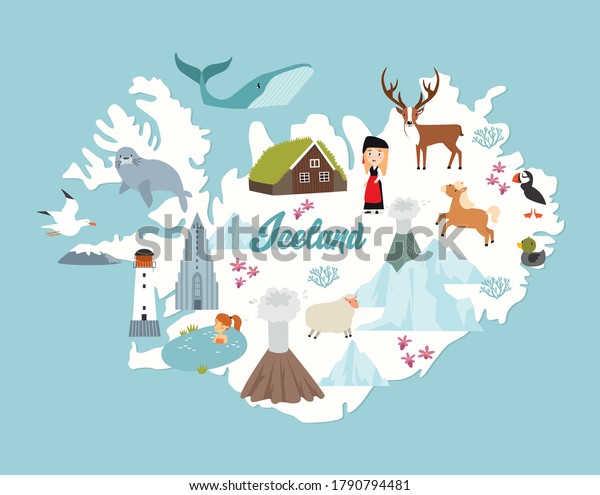 ベクターアイスランドの地図のポスター アイスランドの動物や風景 レイキャビク のベクター画像素材 ロイヤリティフリー