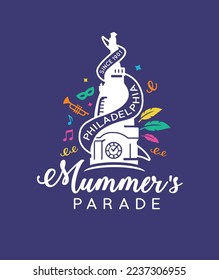 VECTORS. Illustration for Mummer's Parade in Philadeladelphia, January, New year celebration, City hall, tradition, logo