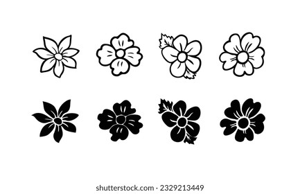 Vectores ilustraciones del conjunto de diferentes decoraciones florales sobre fondo blanco. Conjunto de siluetas y contornos de flores.