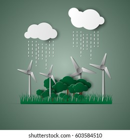 Vectors, natural ideas with clouds and rain on a green background.