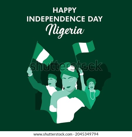 VECTORS. Nigeria Independence Day, October 1, Nigerians waving flag, celebrating, civic holiday, traditional dress, map, patriotic