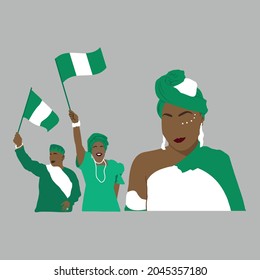 VECTORS. Nigerian women, Nigerian man, waving flag, celebrating, fans, civic holiday, flag, traditional dress, african people, culture, silhouette