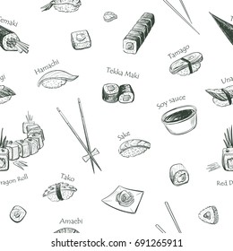 Vectors pattern sushi on a white background. Isolated sketches on white background.