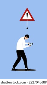 vectors pay attention. illustration of a man too focused on a mobile phone while walking
